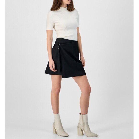 HUGO Womens Solid Low Rise Faux Wrap Side Buckle Mini Skirt Black Size 0 NWT - Picture 3 of 5